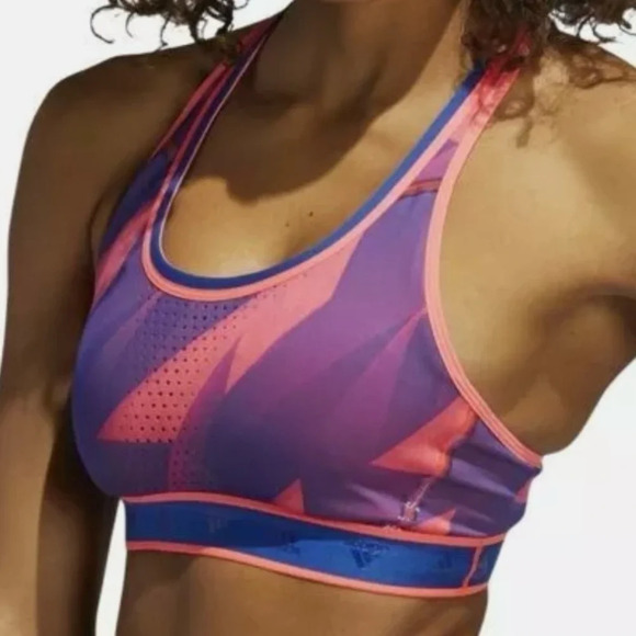 adidas Don't Rest Alphaskin Graphic Bra, Signal Pink/Royal Blue - Picture 7 of 11